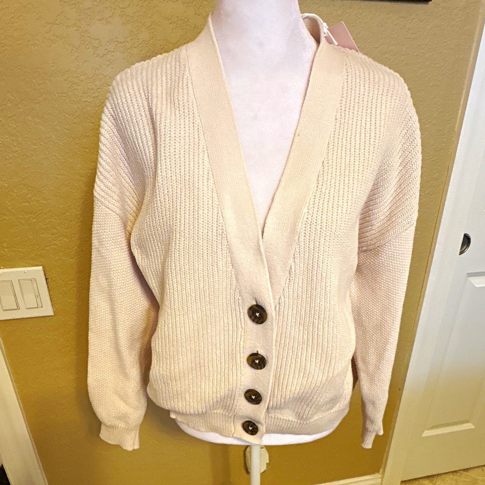 LC Lauren Conrad Women's Petite PL Ivory Knit Button Front V-Neck Cardigan